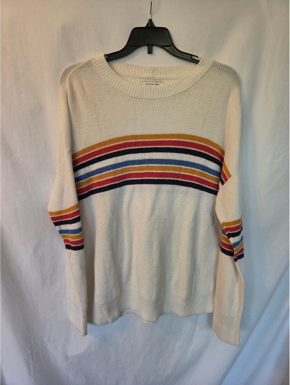 American Eagle White Sweater with Multicolor Stripes, Size Small